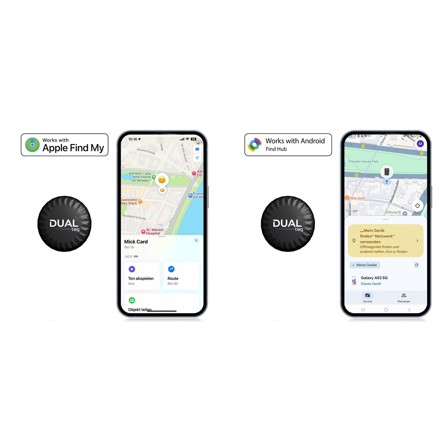 DualTag „classic“ (AirTag Alternative für iOS & Android) - Bluetooth Tracker mit Logo